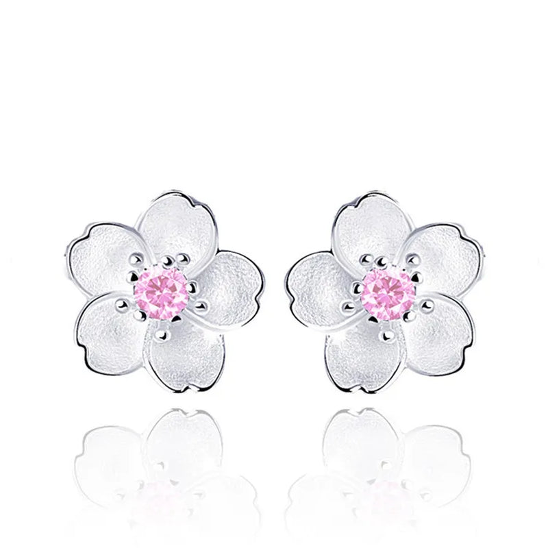  Cherry Blossom Inlaid Zircon Ear Stud Silver Earring