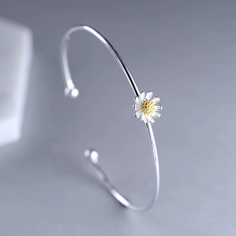 925 Sterling Silver Flower Bangle Chrysanthemum Daisy Adjustable Open Hypoallergenic Fine Jewelry for Women Fashion Gift