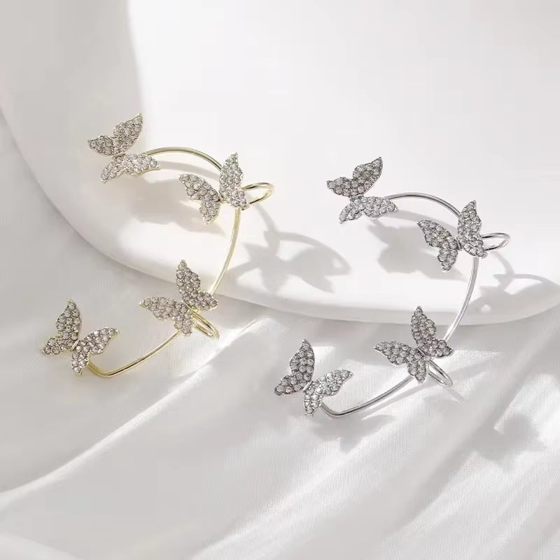 Luxury Silver Plated Butterfly Clip Earrings with Zircon Accents for Women