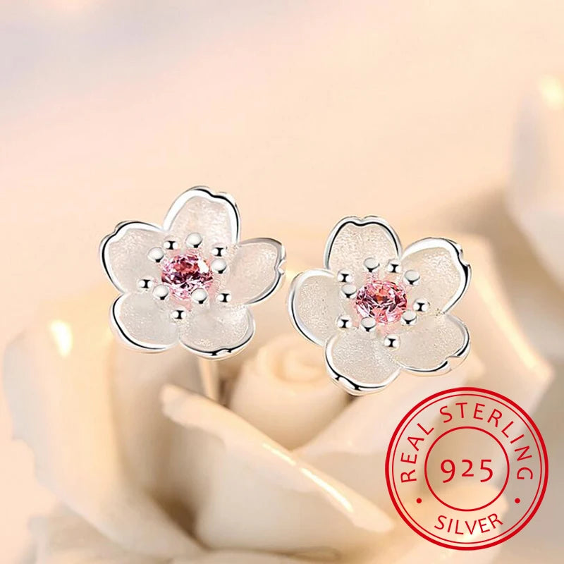  Cherry Blossom Inlaid Zircon Ear Stud Silver Earring