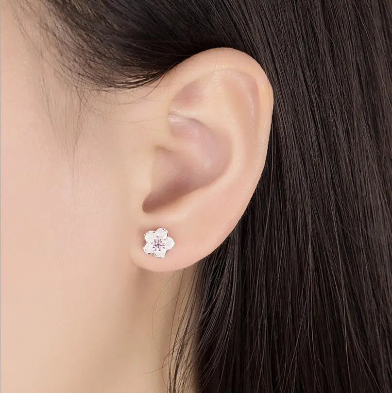  Cherry Blossom Inlaid Zircon Ear Stud Silver Earring