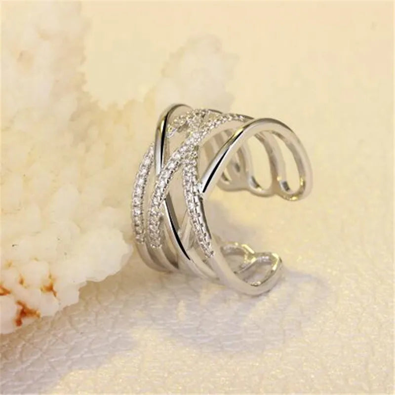 Korean Style Multi-Layer Line Cross Mosaic Zircon Rings for Women
