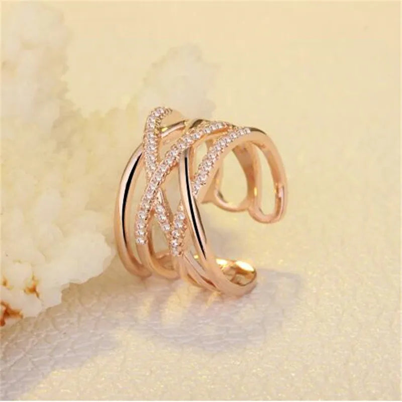 Korean Style Multi-Layer Line Cross Mosaic Zircon Rings for Women