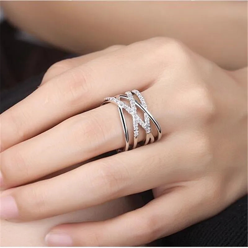 Korean Style Multi-Layer Line Cross Mosaic Zircon Rings for Women