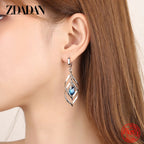 925 Silver Hollow Blue Crystal Long Drop Earrings for Women