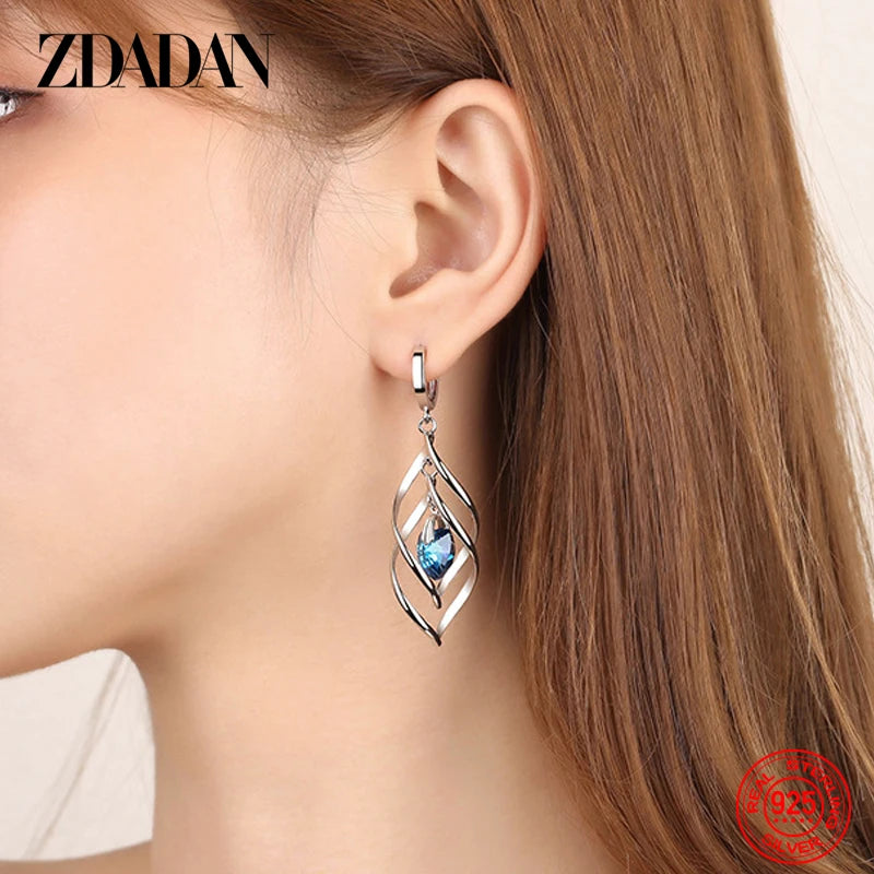 925 Silver Hollow Blue Crystal Long Drop Earrings for Women