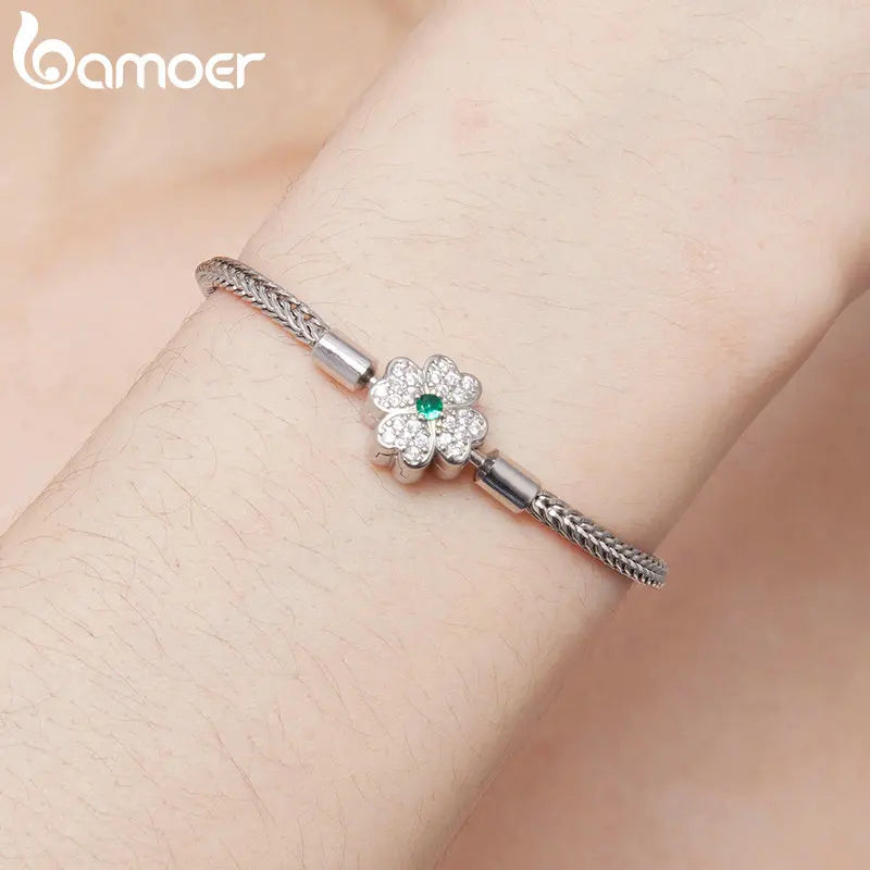925 Sterling Silver Four-Leaf Clover Snake Basic Charm Bracelet