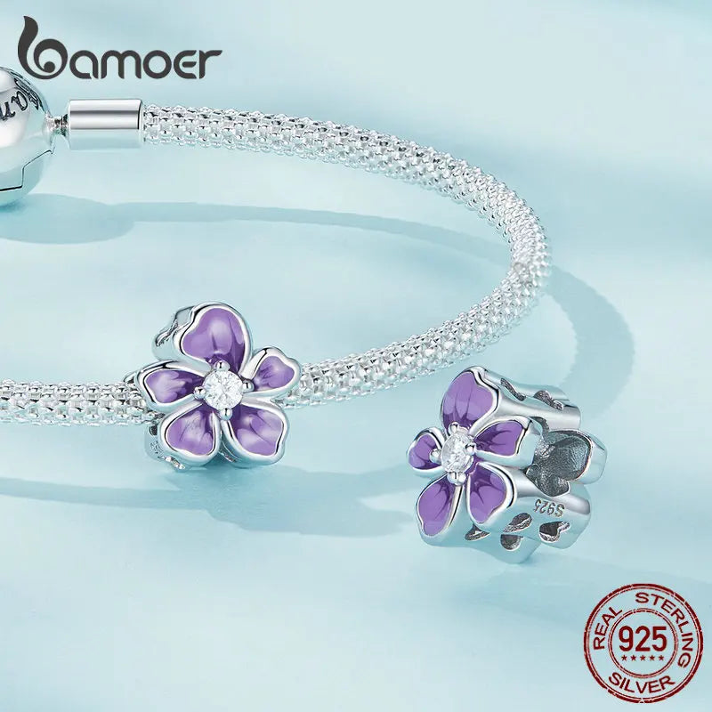 925 Sterling Silver Purple Enamel Flower Beads Zircon Charms