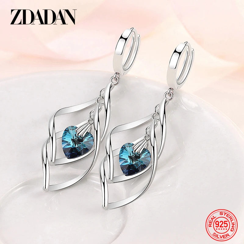 925 Silver Hollow Blue Crystal Long Drop Earrings for Women