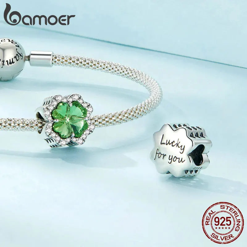 925 Sterling Silver Green Transparent Clover Beads Charms