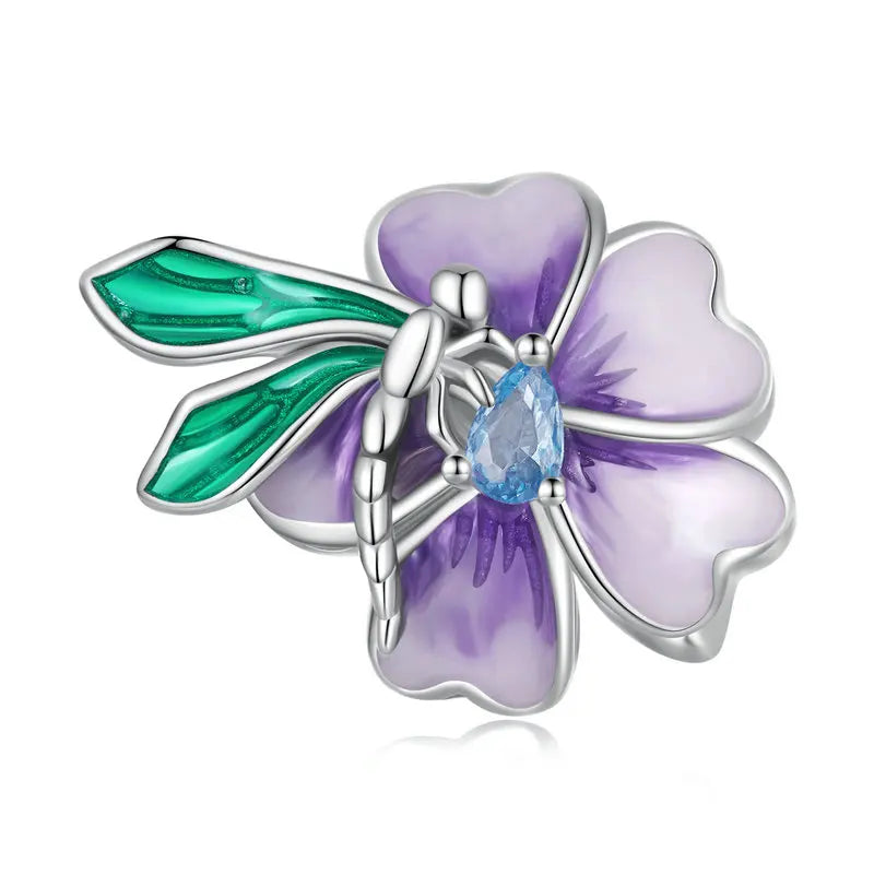 925 Sterling Silver Purple Enamel Flower Beads Zircon Charms