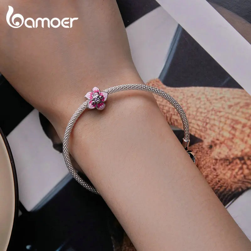 925 Sterling Silver Purple Enamel Flower Beads Zircon Charms