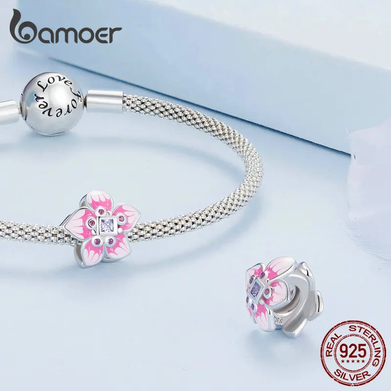 925 Sterling Silver Purple Enamel Flower Beads Zircon Charms