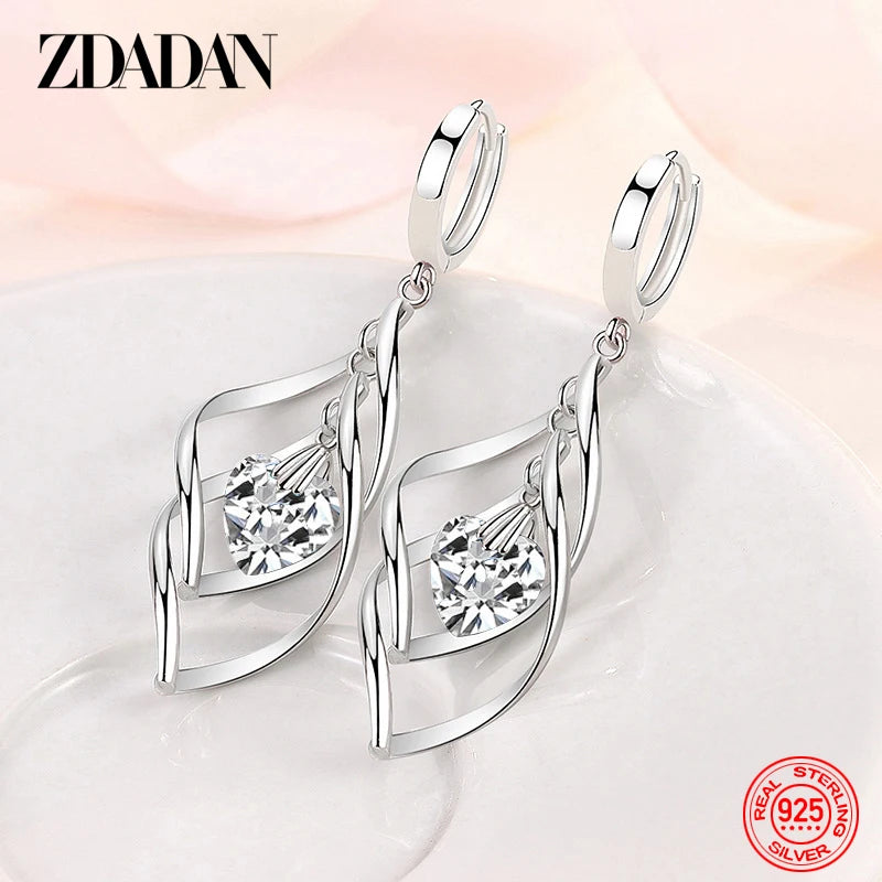 925 Silver Hollow Blue Crystal Long Drop Earrings for Women