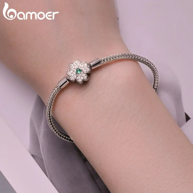 925 Sterling Silver Four-Leaf Clover Snake Basic Charm Bracelet