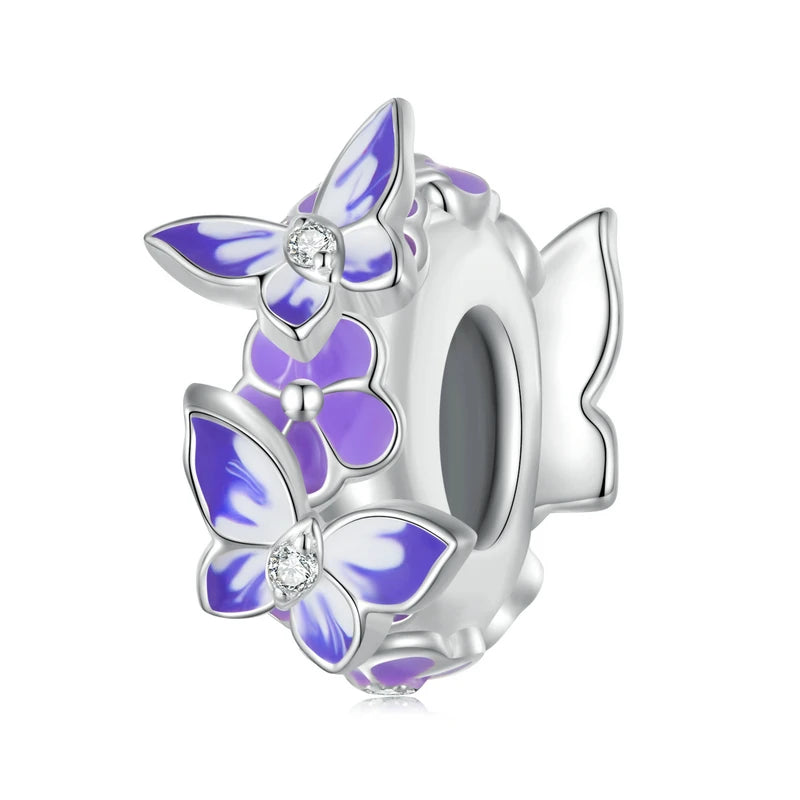 925 Sterling Silver Purple Enamel Flower Beads Zircon Charms