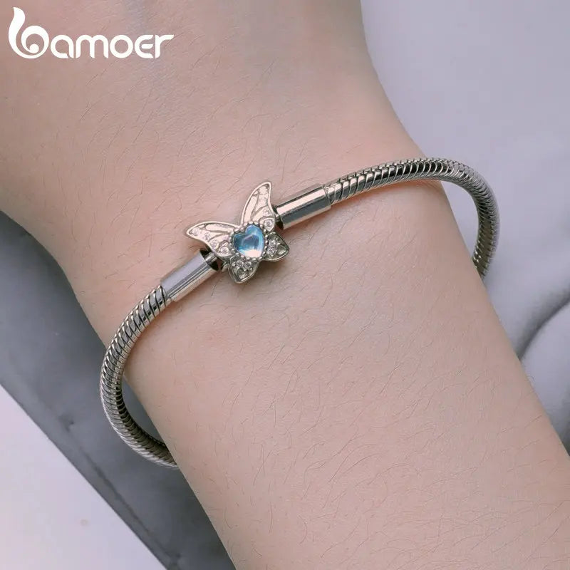 925 Sterling Silver Moonstone Butterfly Snake Charm Bracelet 